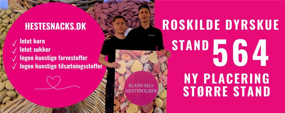 Hos hestesnacks.dk elsker vi at være ude, hvor hesteglæden lever 💛

Du kan møde os til udvalgte stævner, dyrskuer og hestearrangementer rundt omkring i landet, hvor vi har alle vores super populære og mange forskellige smagsvarianter med. Du kan altid kende os på vores pink farve og alle vores kurve fyldt med hestebolsjer.

Næste arrangement er Roskilde Dyrskue 29. - 31. maj 2026, hvor vi har fået en ny placering med en større stand - nr. 564

Vi glæder os til at møde jer – og til at forkæle din hest 🐴✨